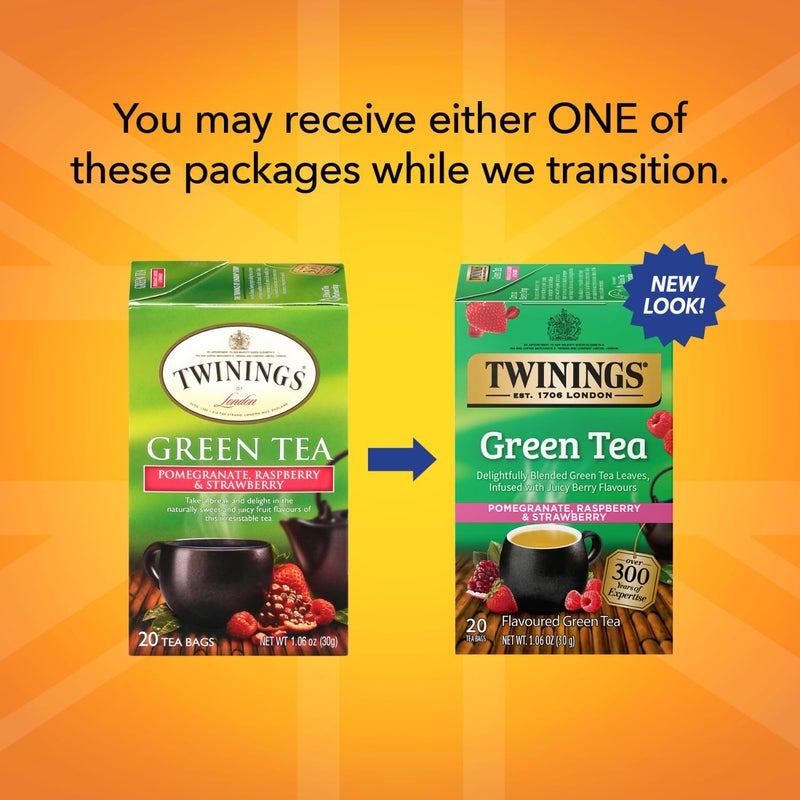 Twinings Green Tea with Pomegranate, Raspberry, and Strawberry - Caffeinated Green Tea Bags Individually Wrapped, 20 Count (Pack of 2) - Image 3